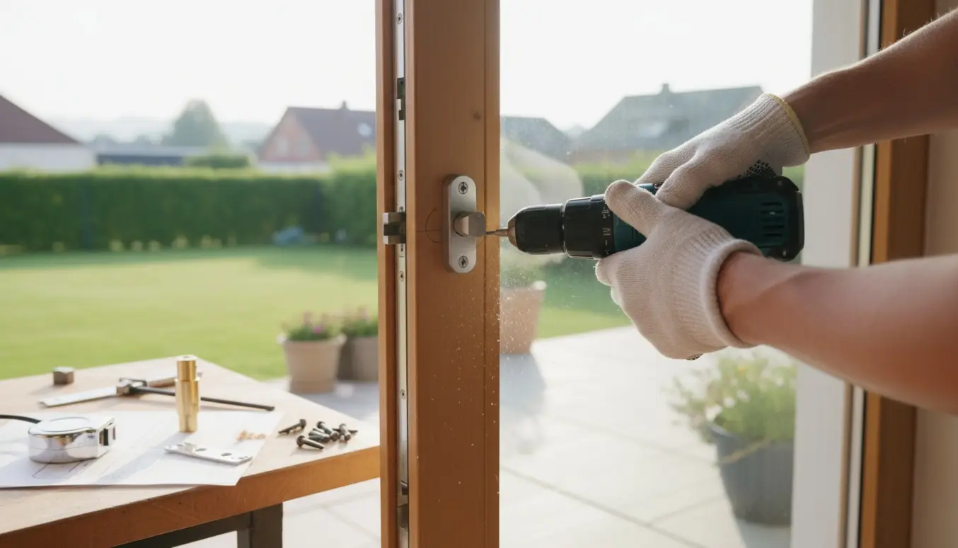 Nærbillede af hænder, der monterer en ny lås i en terrassedør med boremaskine og låseudstyr.