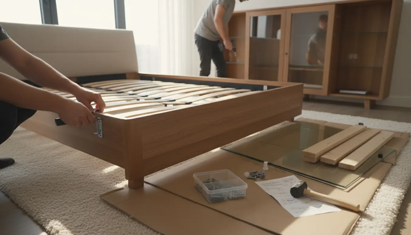 Delvist samlet macchiato-farvet sengeramme og røgtonet vitrineskab med værktøj i et lyst soveværelse.