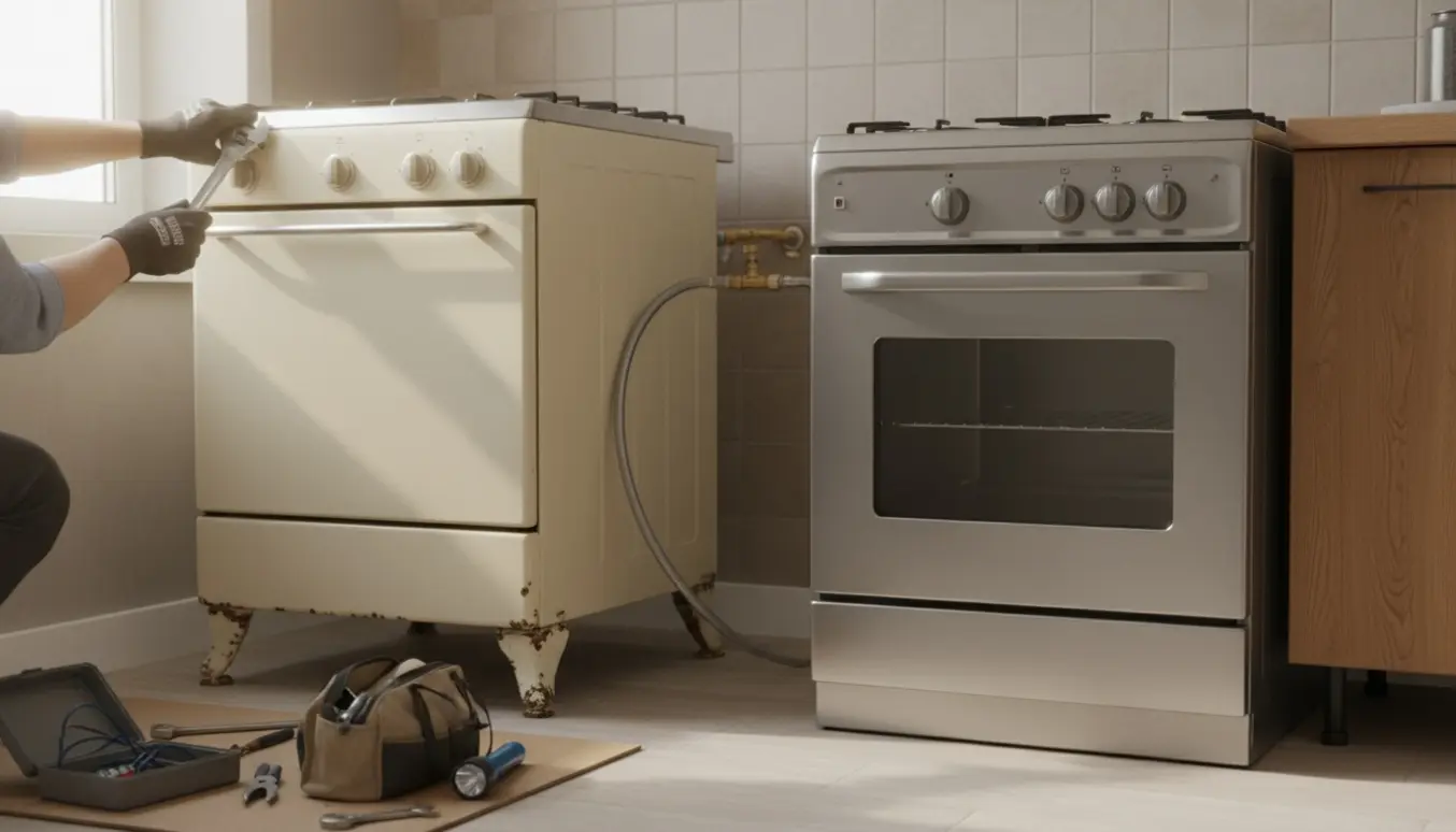 Tekniker uden synligt ansigt afmonterer et gammelt fritstående bygas-komfur og monterer et nyt i et lyst køkken med synlig gasventil og værktøj.