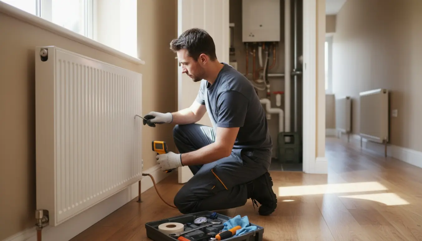En tekniker inspicerer en radiator i stuen med værktøj og centralvarme-tryk og rør synlige i baggrunden.