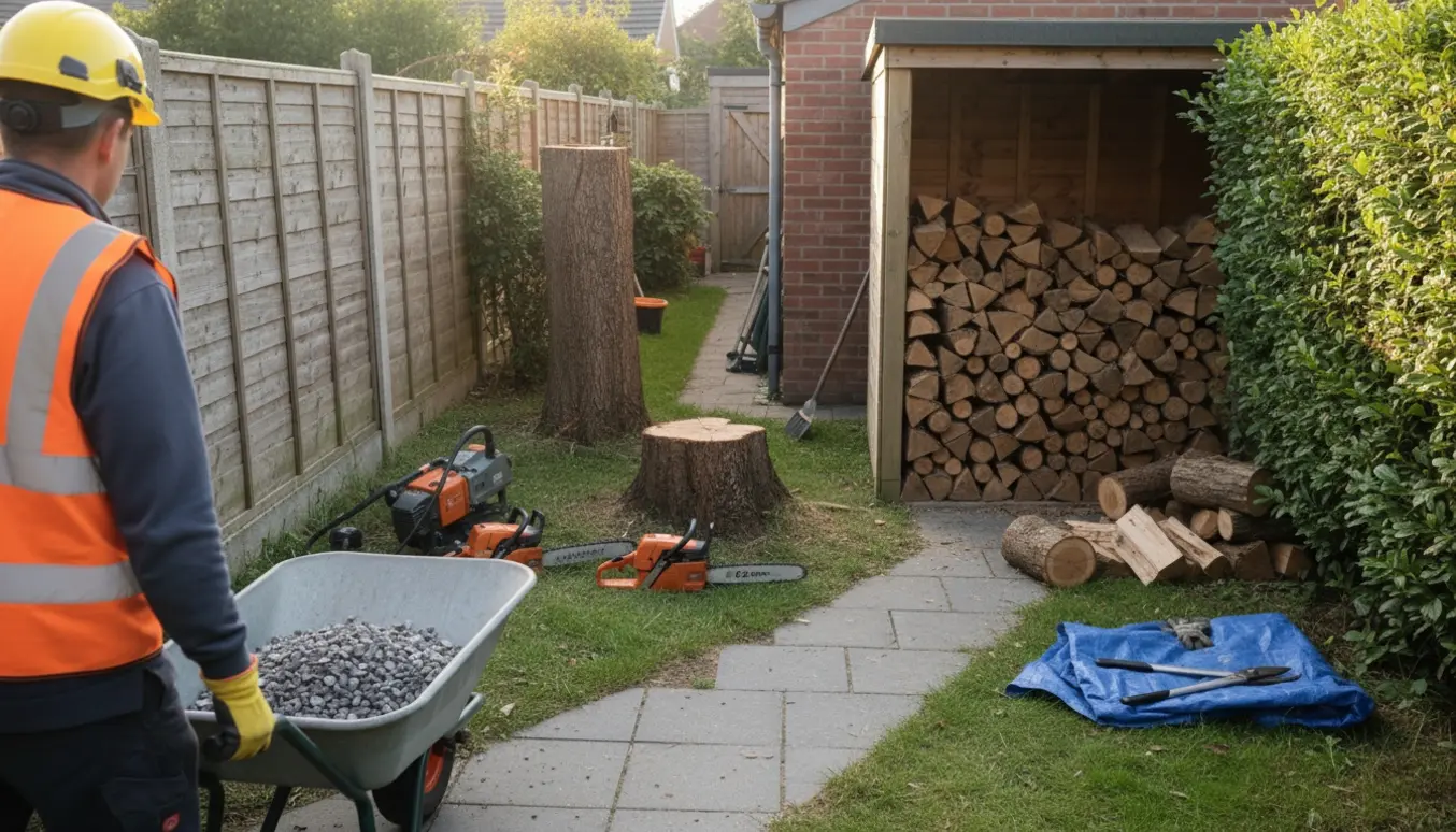 Havearbejde med nedskåret træstamme, bortkørsel af småsten og opbygning af brændetårn i skuret.