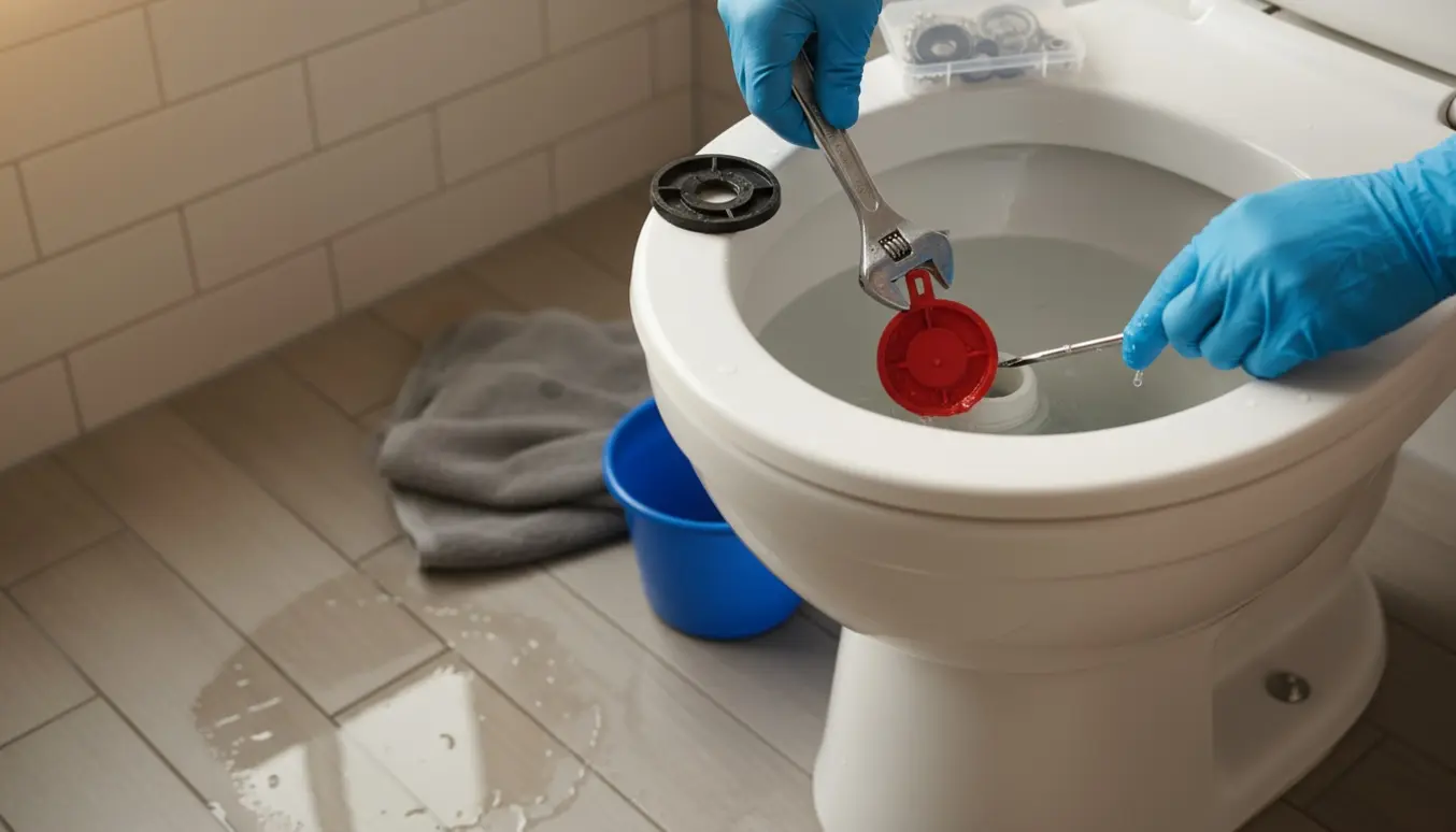 Hænder arbejder på en åben toiletcisterne med værktøj og en ny gummiflapter, mens vand drypper i en spand.