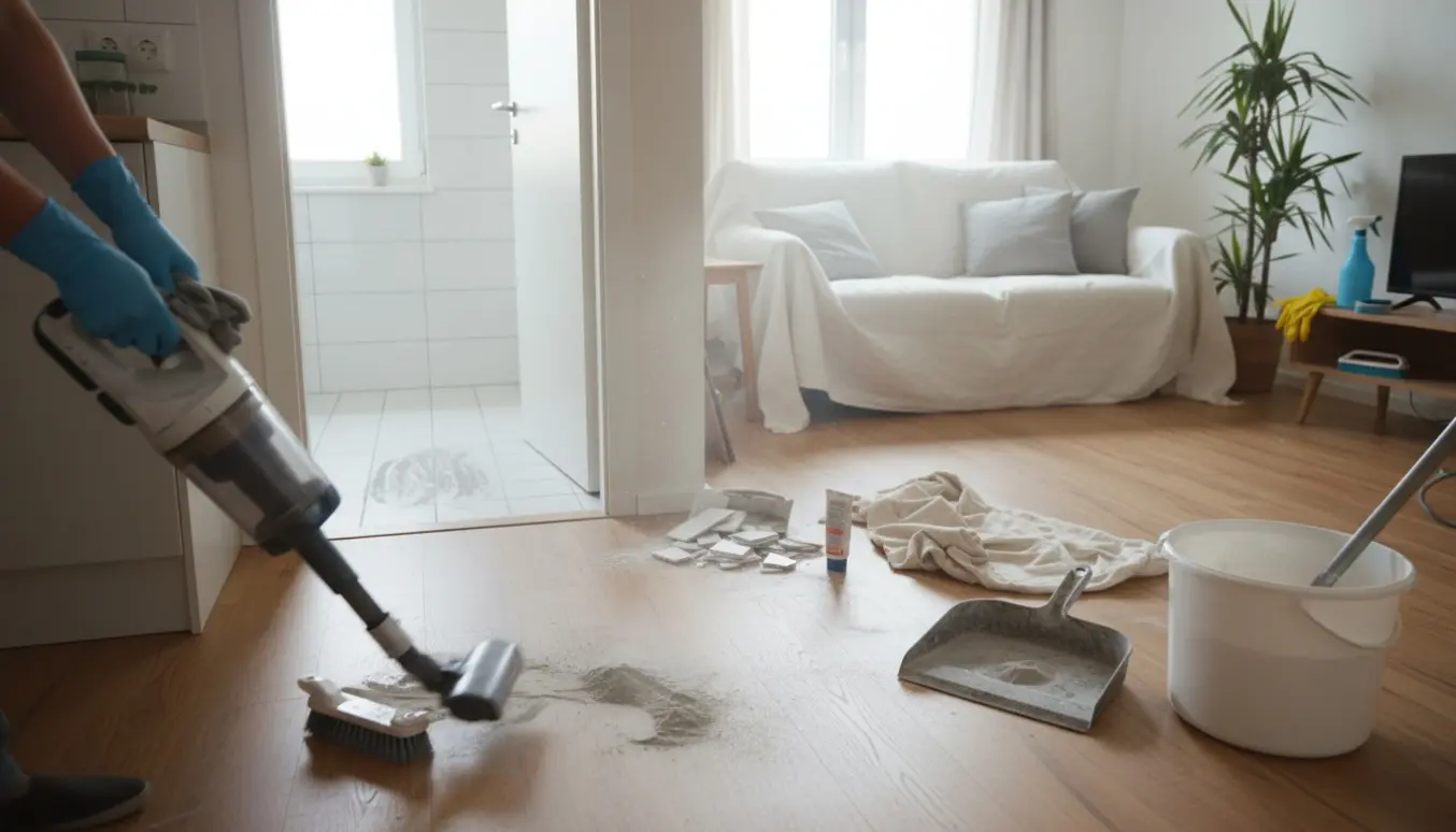 Hænder tørrer støv af køkkenbord i en nyrenoveret treværelses lejlighed med støv og rengøringsudstyr.