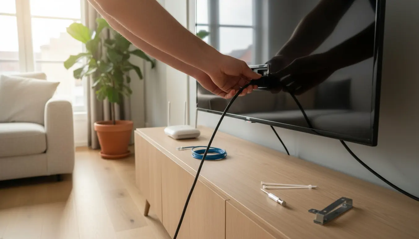 Hænder tilslutter et HDMI-kabel til et vægmonteret tv i en moderne lejlighed.