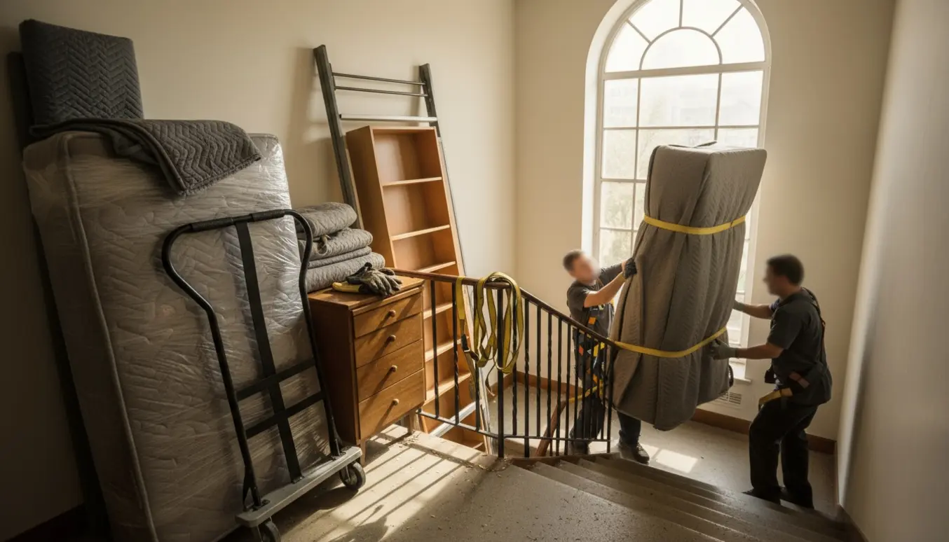 Flyttemænd uden tydelige ansigter manøvrerer tæppeindpakket garderobe og møbler ned ad en opgangstrappe.