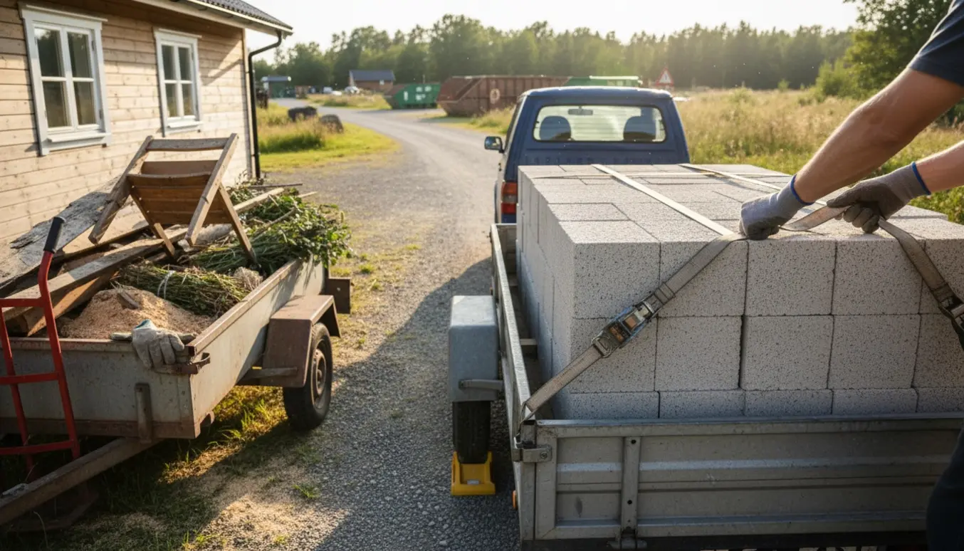 Handsker spænder stropper på en trailer med gasbeton og brændbart affald foran et sommerhus.