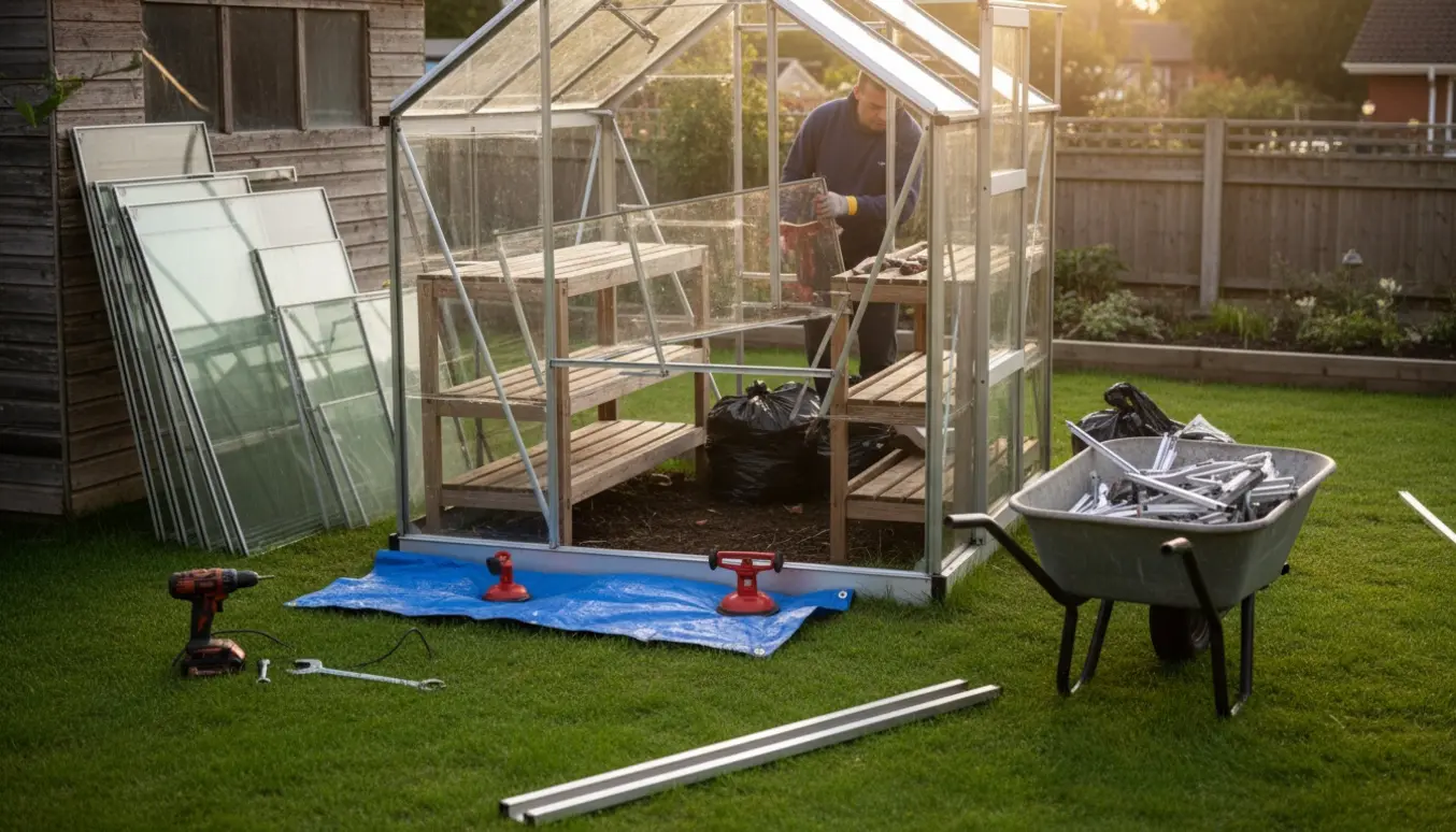 Fjernelse af drivhus i have med glasruder og metalramme samlet til bortskaffelse.