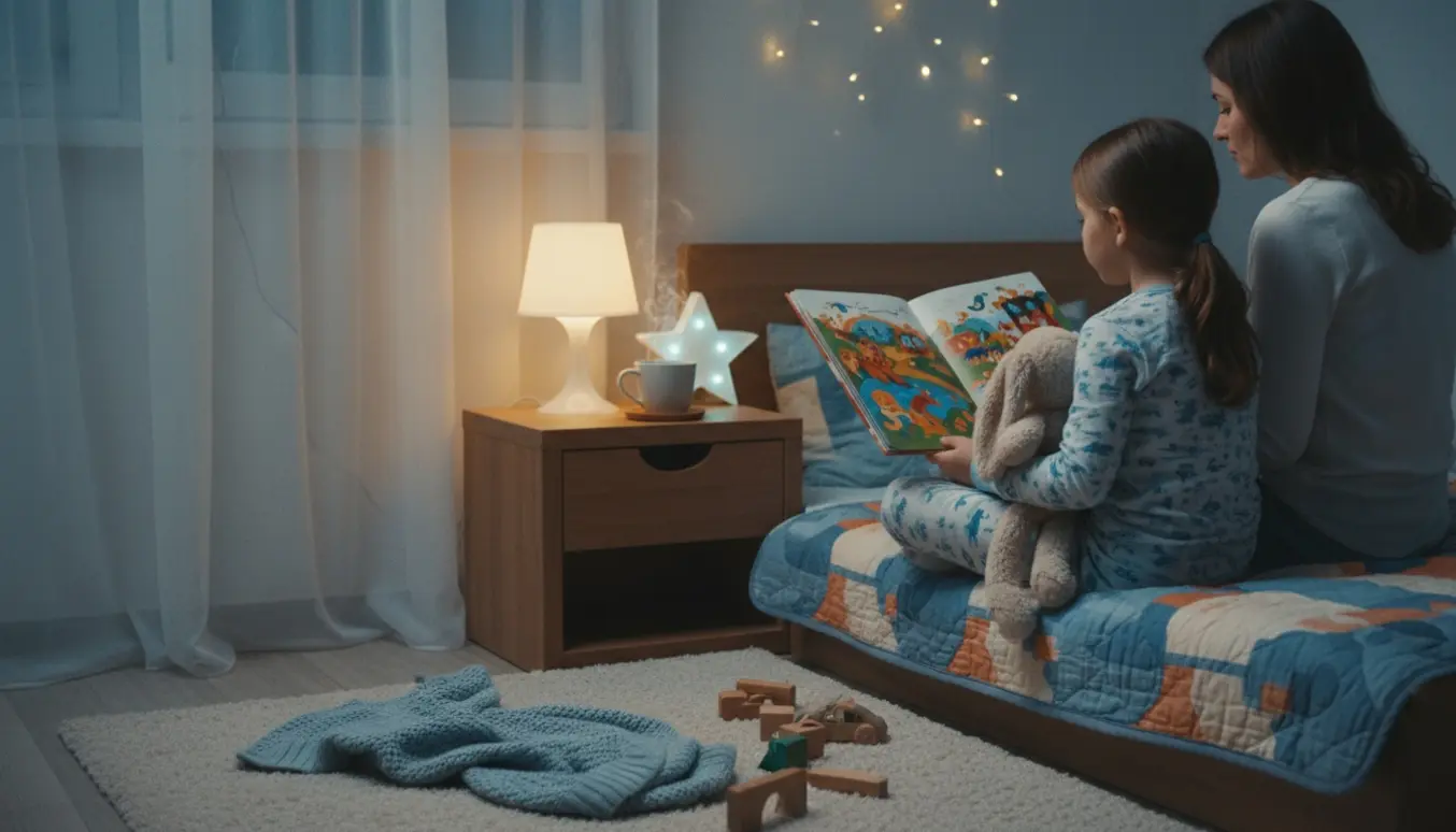 Hyggeligt aftenbillede af en babysitter, set bagfra, der læser godnathistorie for en seksårig pige med krammedyr i et blødt oplyst børneværelse.