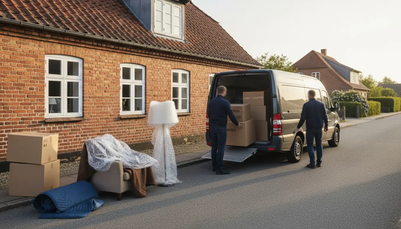 To personer læsser flyttekasser og møbler ind i en varevogn foran et dansk murstenshus i blødt morgendlys.