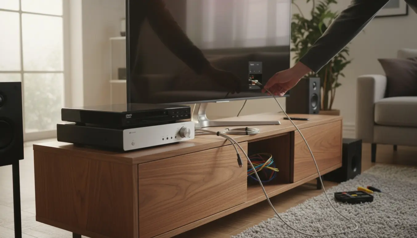 Hænder tilslutter et lydanlæg til tv og DVD-afspiller med to korte HDMI-kabler i en lys og ryddelig stue.