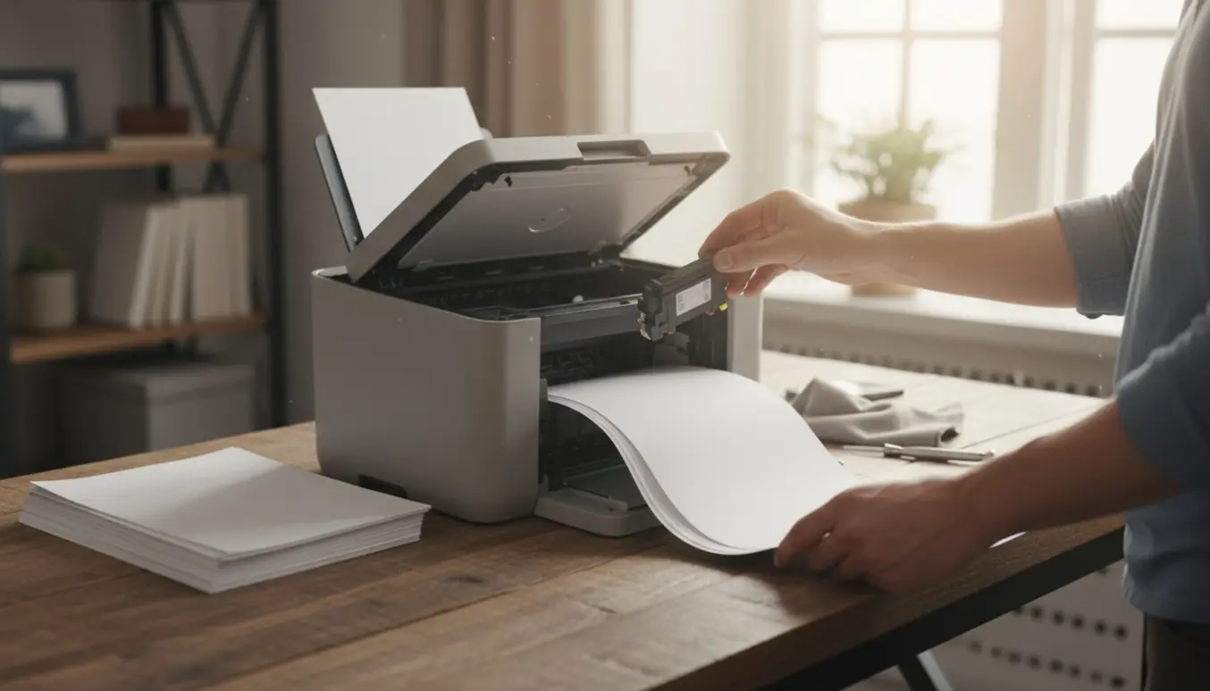 Nærbillede af åben printer på et skrivebord med blanke udskrifter og hænder, der skifter blækpatron.