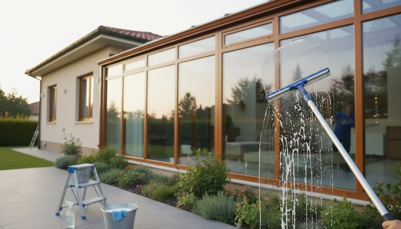 Vinduespudser arbejder ved en 1-plans villa med udestue, squeegee, spand og lille trappestige synlige.