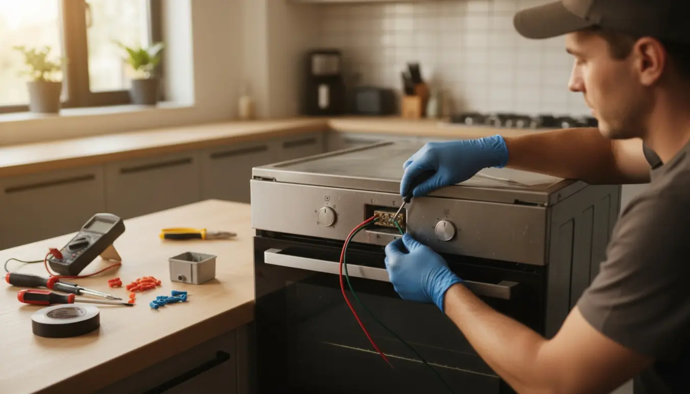 Elektriker forbinder ledninger til bagsiden af en brugt ovn i et lyst køkken, med værktøj og handsker på bordet.