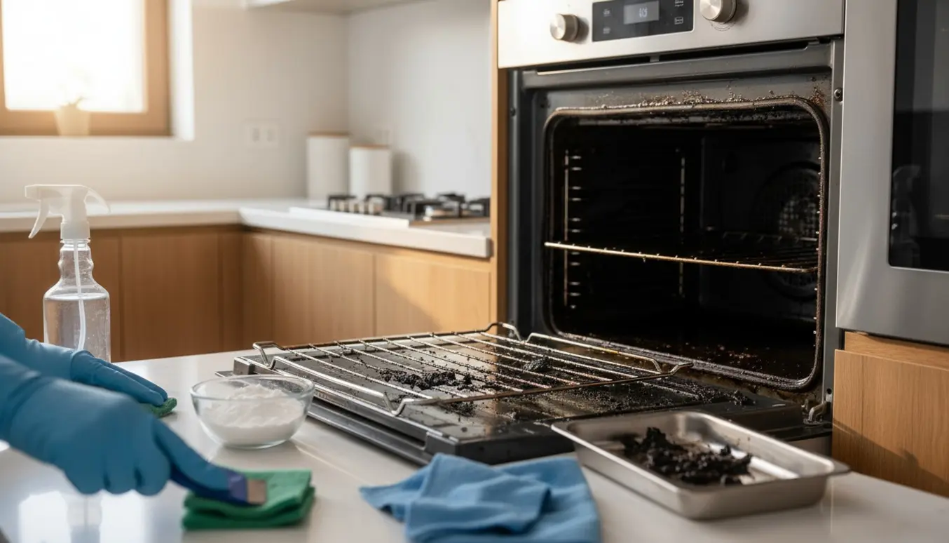 Handskerede hænder skrubber en stærkt snavset ovn med ovnriste lagt på køkkenbordet.