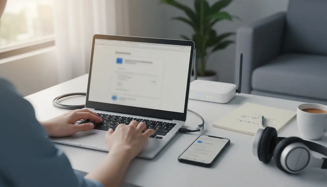 Bærbar på et skrivebord viser en e‑mail‑app med forbindelsesproblemer, mens hænder arbejder ved tastaturet.