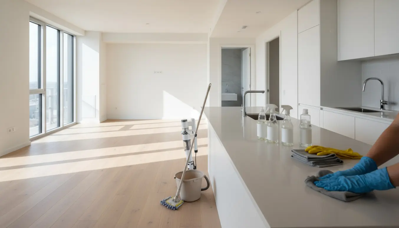 Tom, solbelyst lejlighed med rengøringsudstyr som moppe, spand, støvsuger og sprøjter klar til flytterengøring.