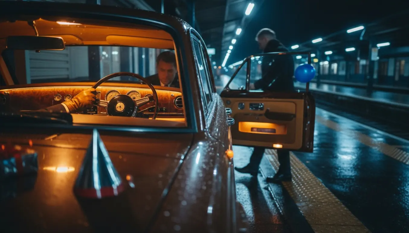 Chauffør kører gæster fra en fødselsdagsfest mod en togstation om natten.