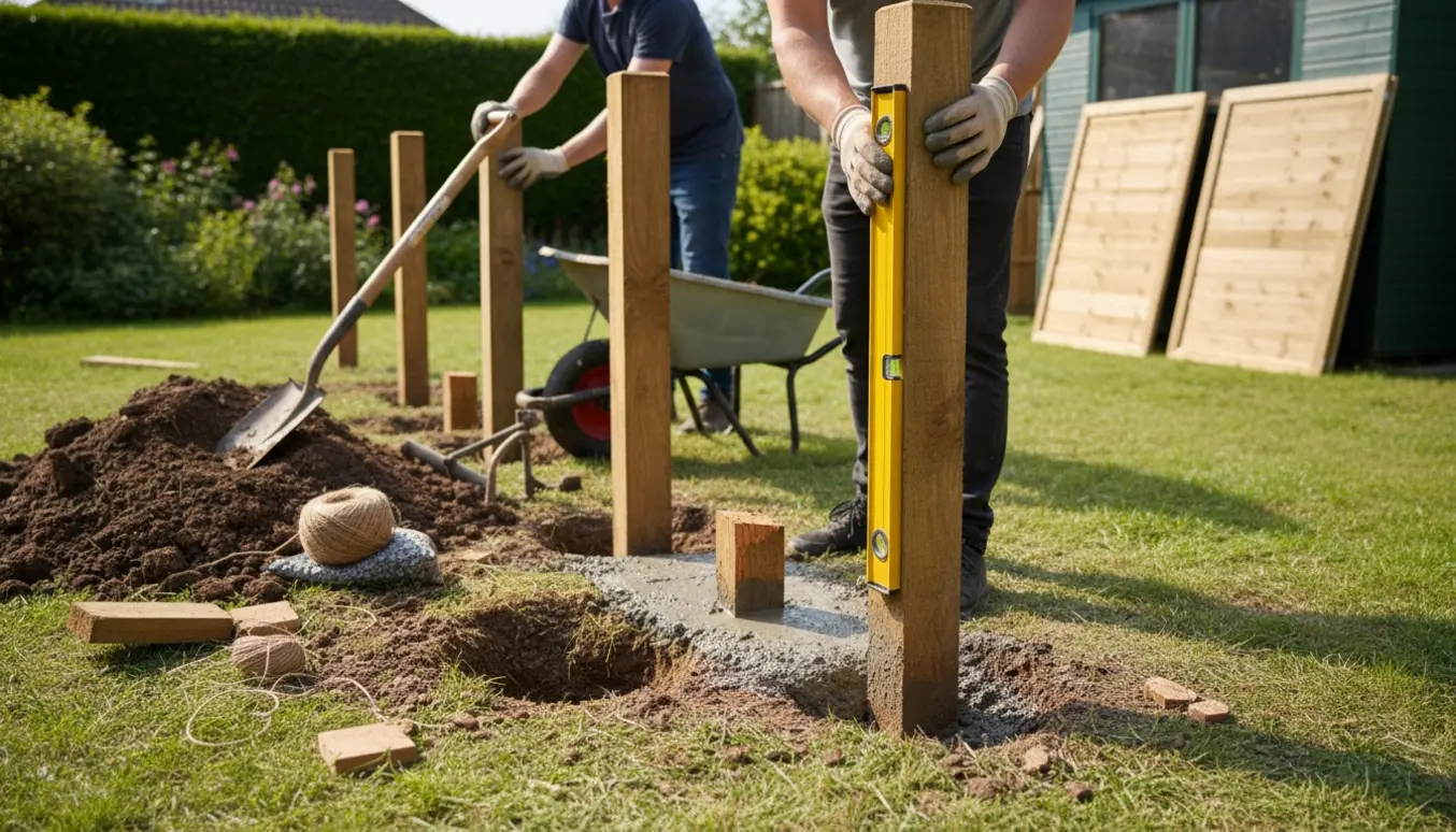 To naboer sætter nye træstolper i haveskellet med værktøj og frisk beton i jordhullerne.