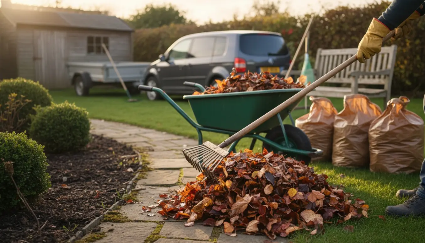 En person fejer efterårsblade i en have og samler dem i en trillebør klar til afhentning.