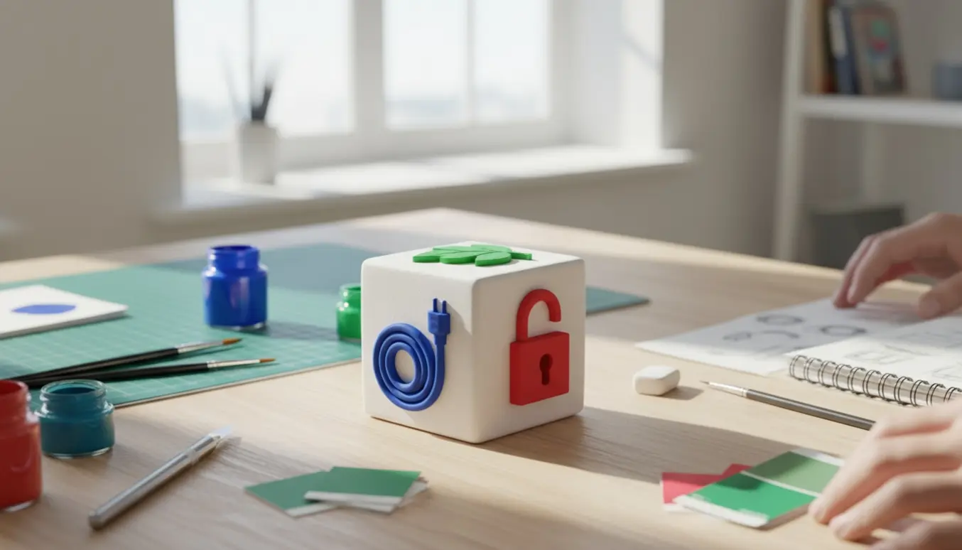 En lille prototypekube med blå ledningssymbol, rød hængelås og grønt blad på et lyst designerbord.