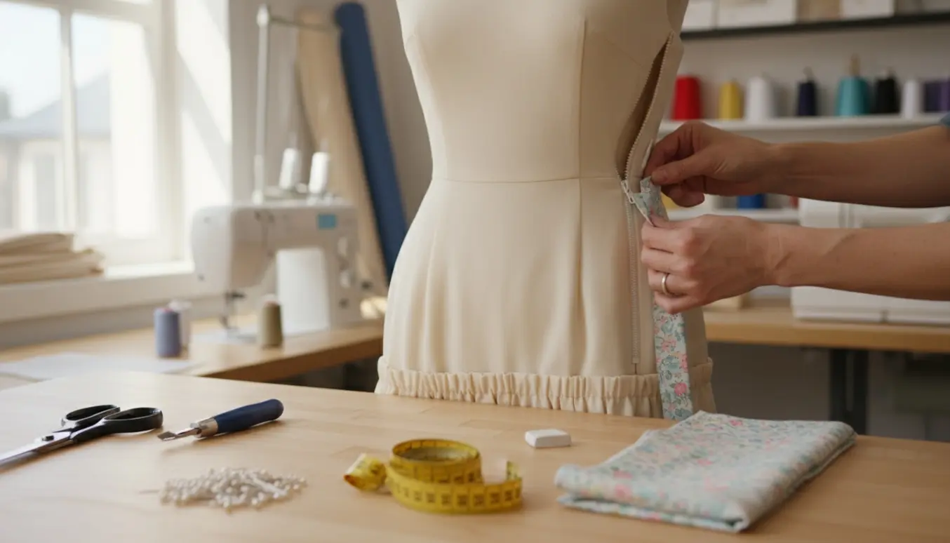 Nærbillede af hænder, der fastgør en stofindsats i en kjole ved brystet ved siden af en lynlås på et lyst sybord.