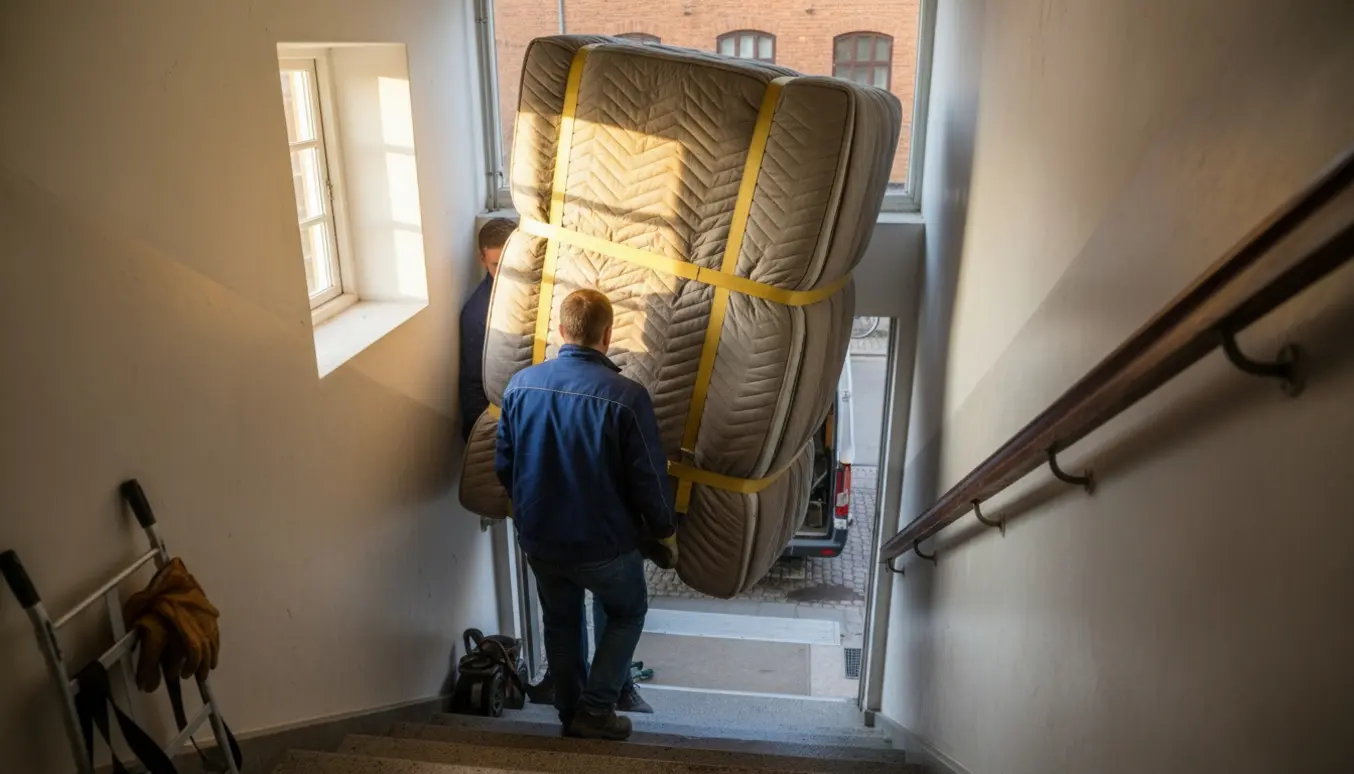 To personer bærer en indpakket elevationsseng ned ad en trappe mod en åben flyttevogn i blødt aftenslys.