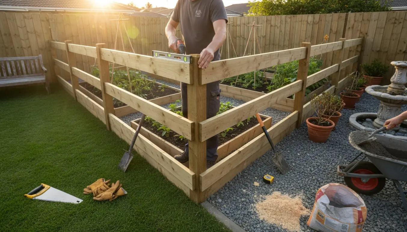 Nyt træhegn opføres ved skellet mellem tre nabohaver med værktøj og friske stolper i aftenslys.