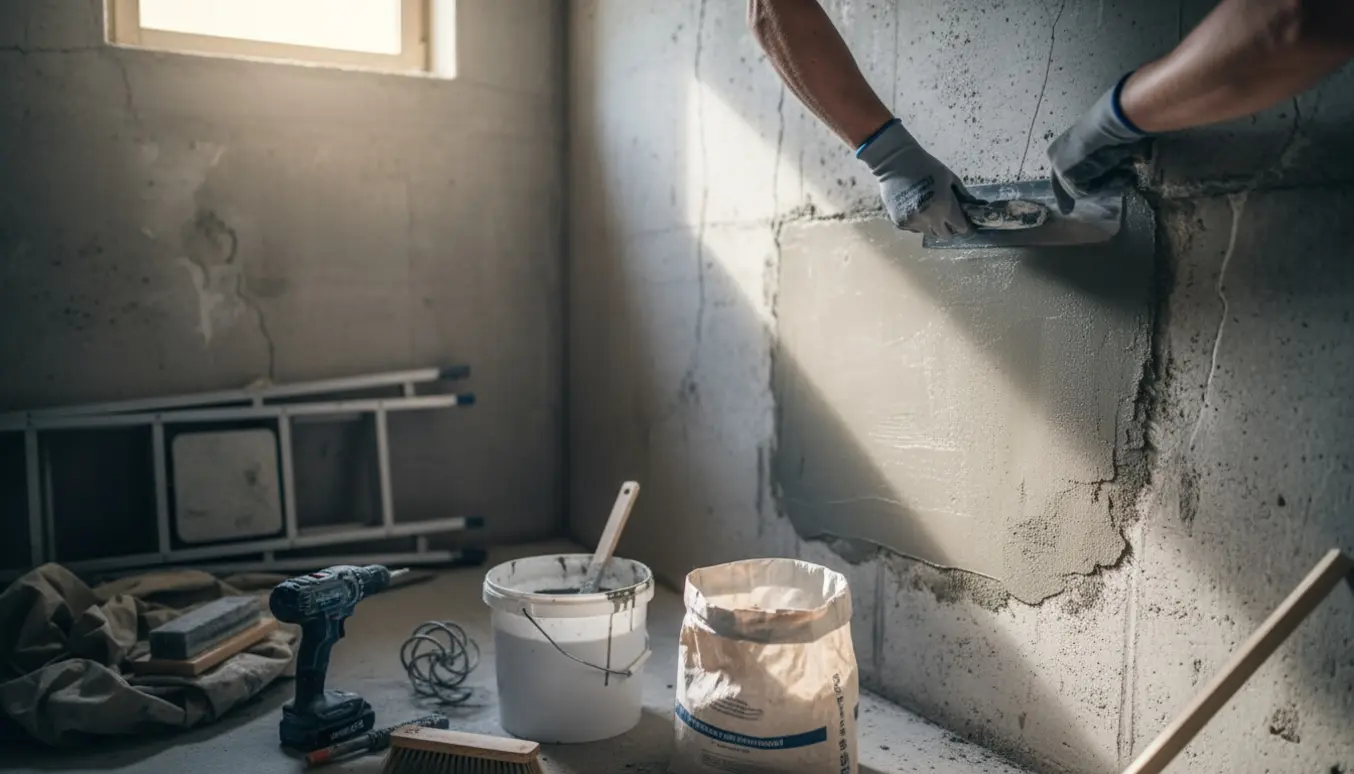 Hænder glatter frisk puds på en kældervæg med værktøj og materialer omkring.