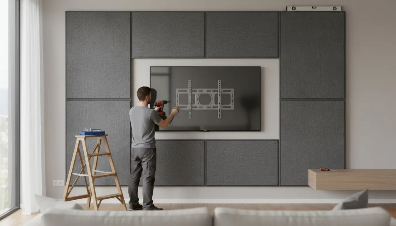 Otte lydpaneler monteres omkring et TV i en moderne stue med værktøj synligt.