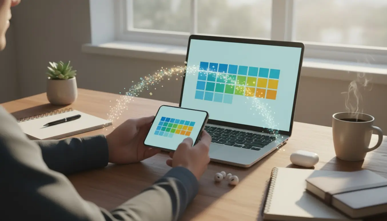 Hænder synkroniserer kalenderblokke mellem en bærbar og en smartphone på et skrivebord med notesbog og kaffe.