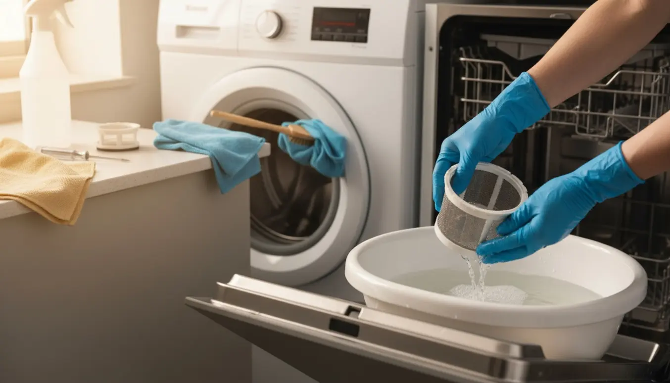 Hænder rengør opvaskemaskinens filter og vaskemaskinens gummipakning i et lyst bryggers.