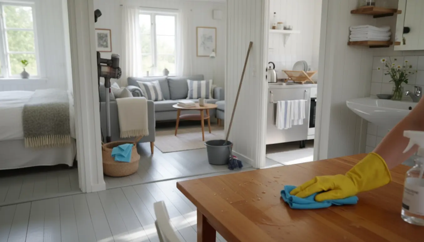 Solfyldt sommerhusstue hvor en hånd pudser et træbord, med kig til ryddet soveværelse, køkken og badeværelse.