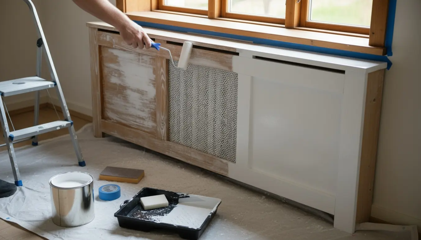 Halvt malet radiatorskjuler og vindueskarme i naturligt lys, en person maler med en lille rulle uden ansigtet synligt.