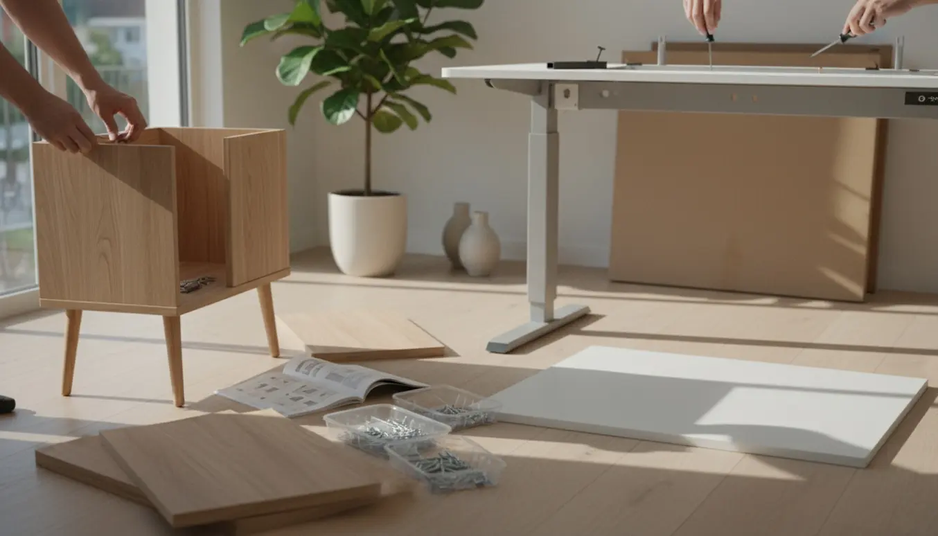 Hænder samler et kabinet med ben og et højdejusterbart skrivebord i et lyst, minimalistisk rum.