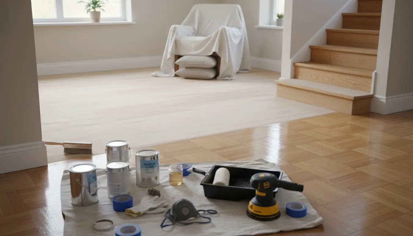 Lyst rum med delvist slebet og nylakeret parketgulv og en trappe med malerværktøj og miljøvenlige materialer.