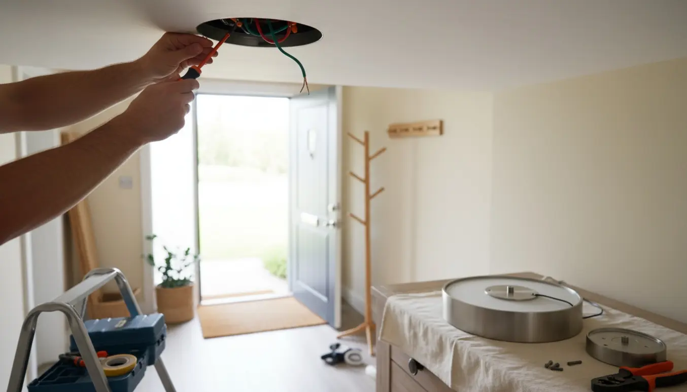 Elektriker monterer og tilslutter en rund loftslampe i en lys entré, kun hænderne synlige.