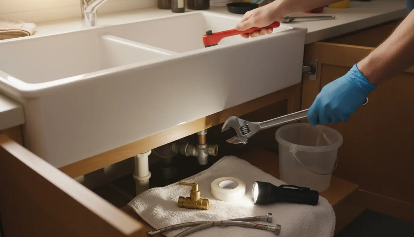 Hænder skifter køkkenblandingsbatteri og udskifter stopventil under vasken med værktøj og nyt udstyr.
