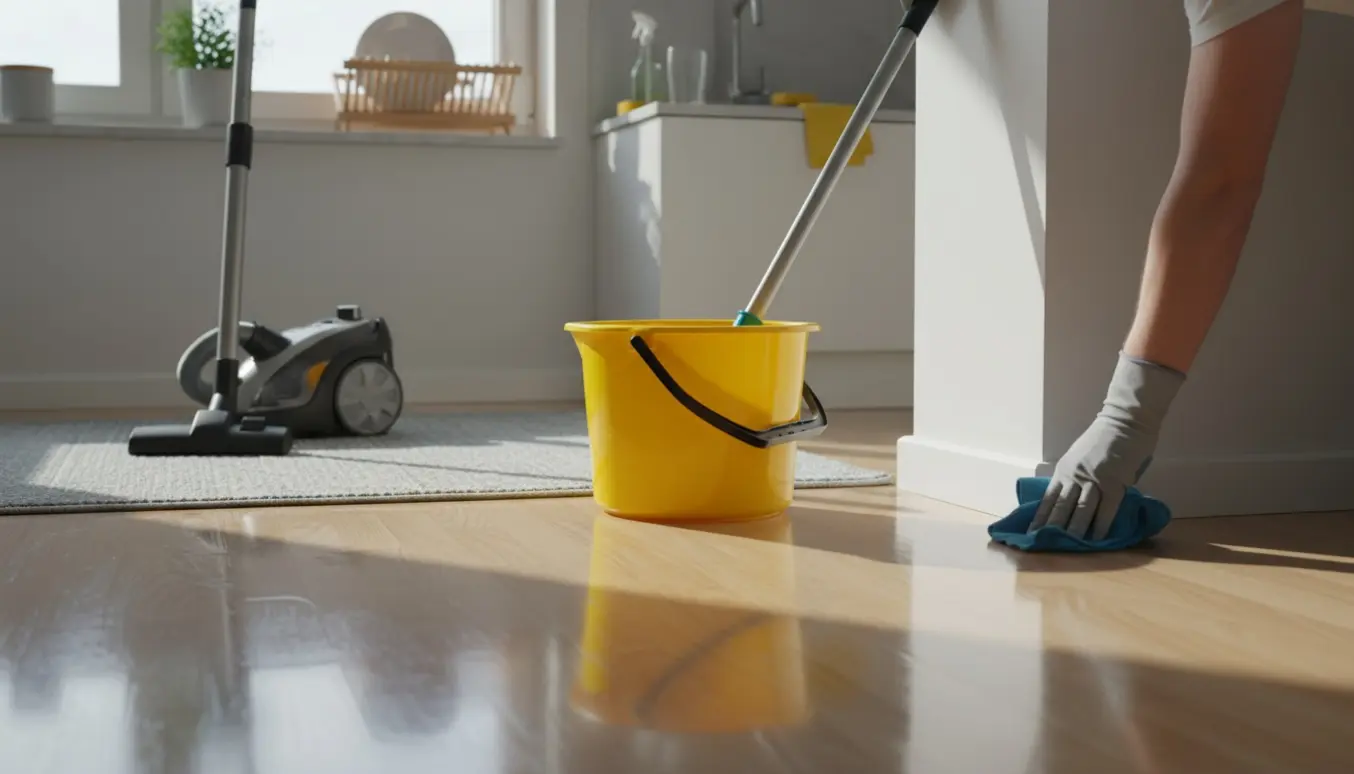 Hyggelig lejlighed hvor gulv vaskes og lister tørres med rengøringsudstyr i naturligt dagslys.