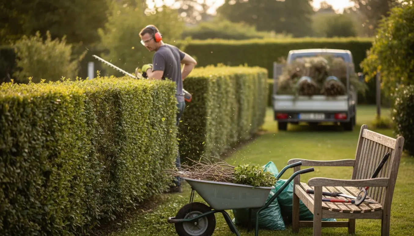 Hæk klippes i en solrig have, arbejderen ses bagfra med hækkeklipper og en trillebør fyldt med grønt affald.
