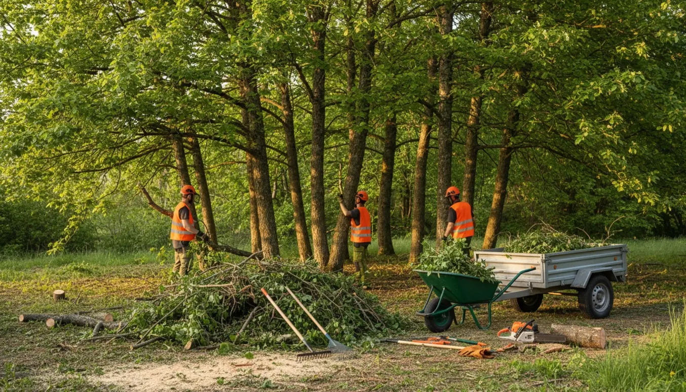 Stak af beskårne grene og redskaber i en lille lund, mens arbejdere rydder kvas.