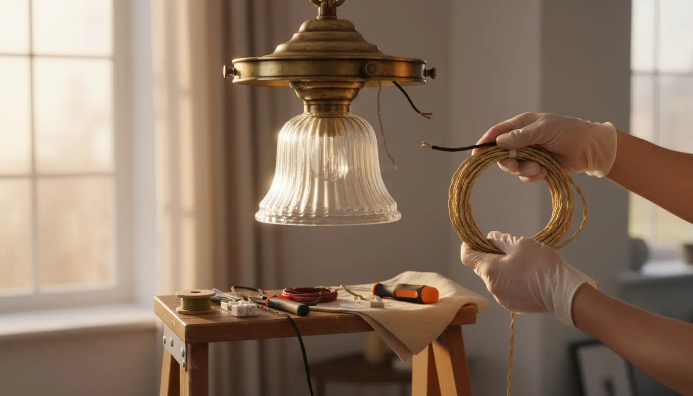 Nærbillede af hænder, der holder en ny stofklædt ledning op til en vintage loftslampe på en trappestige.