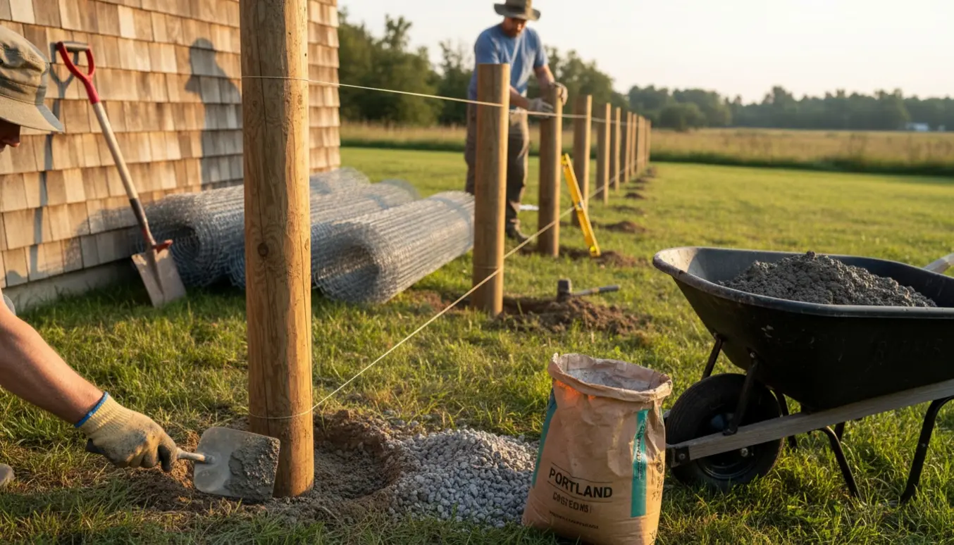 Nærbillede af opsætning af vildthegn ved havekant med stolper, våd beton og rulle hegnsmateriale.