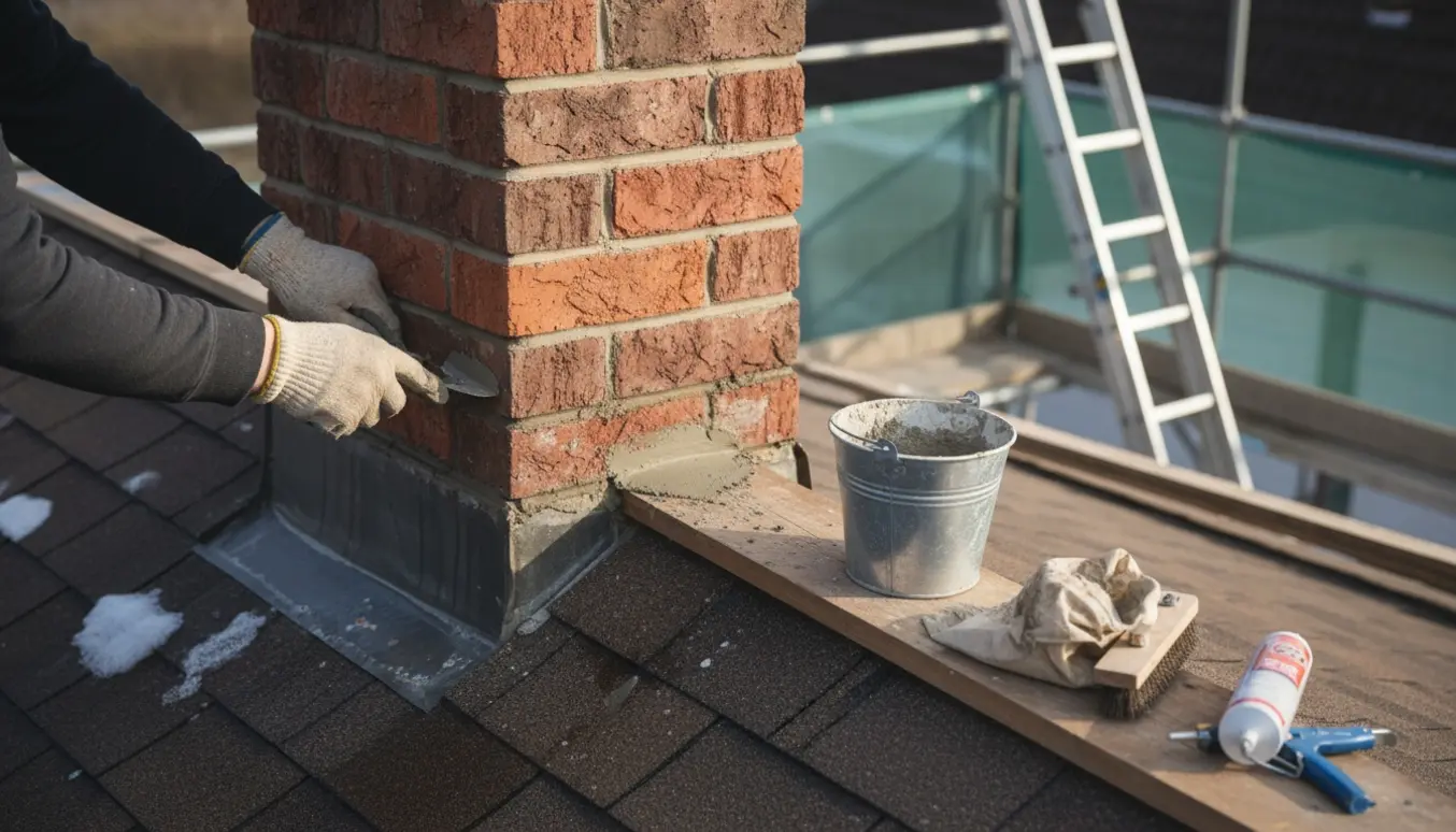 Nærbillede af handsker, der udfører fugning af en murstensskorsten på et tag efter vinterfugt.