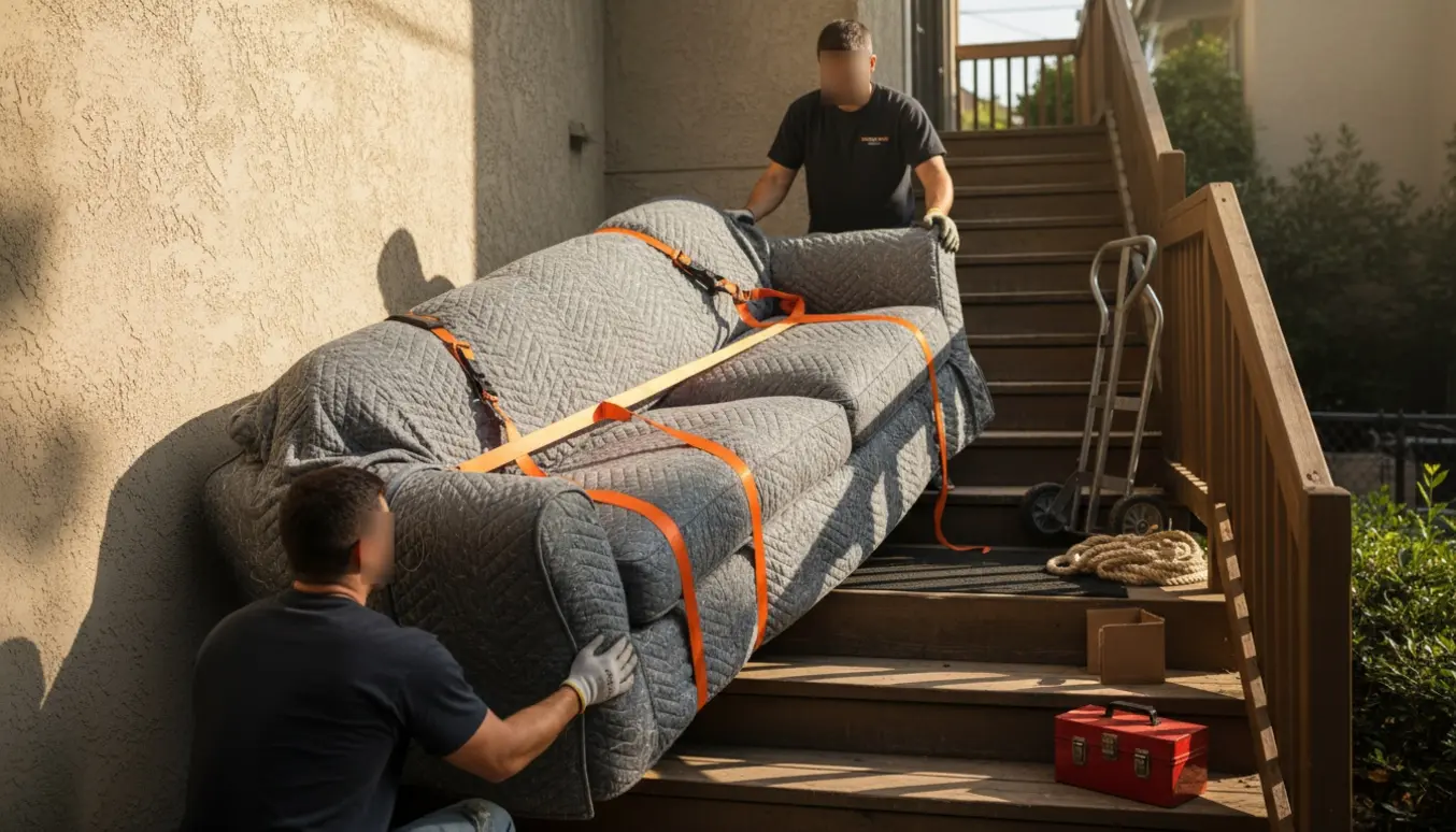 Stor sofa bæres op ad en trappe til en lejlighed, pakket i flyttetæpper og fastgjort med løftestropper.