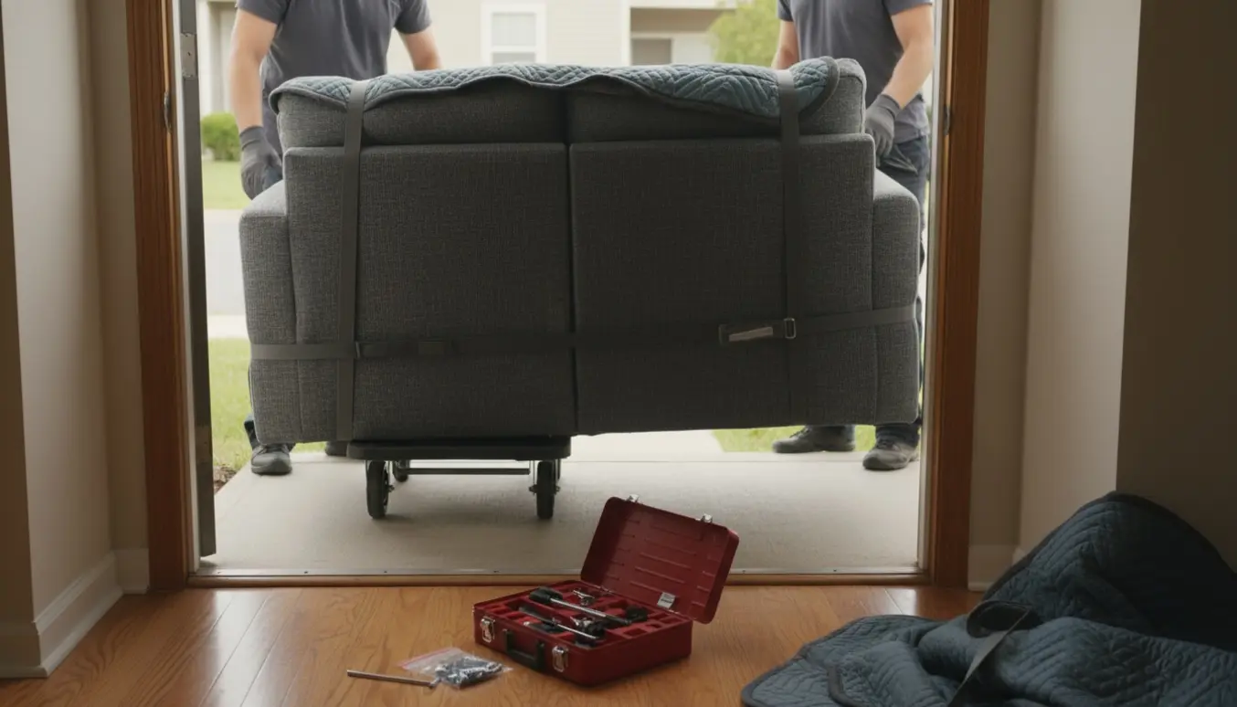 Flyttemænd bærer en delt hjørnesofa gennem en stueindgang med få trin, klar til levering til en stuelejlighed.