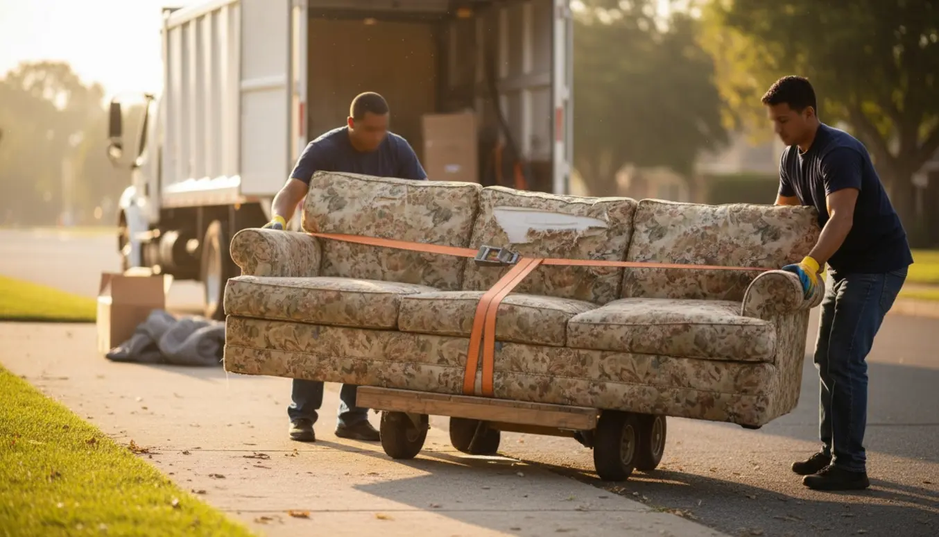 Et slidt tre-personers sofa på fortovet bliver læsset til storskrald af arbejdere uden synlige ansigter.