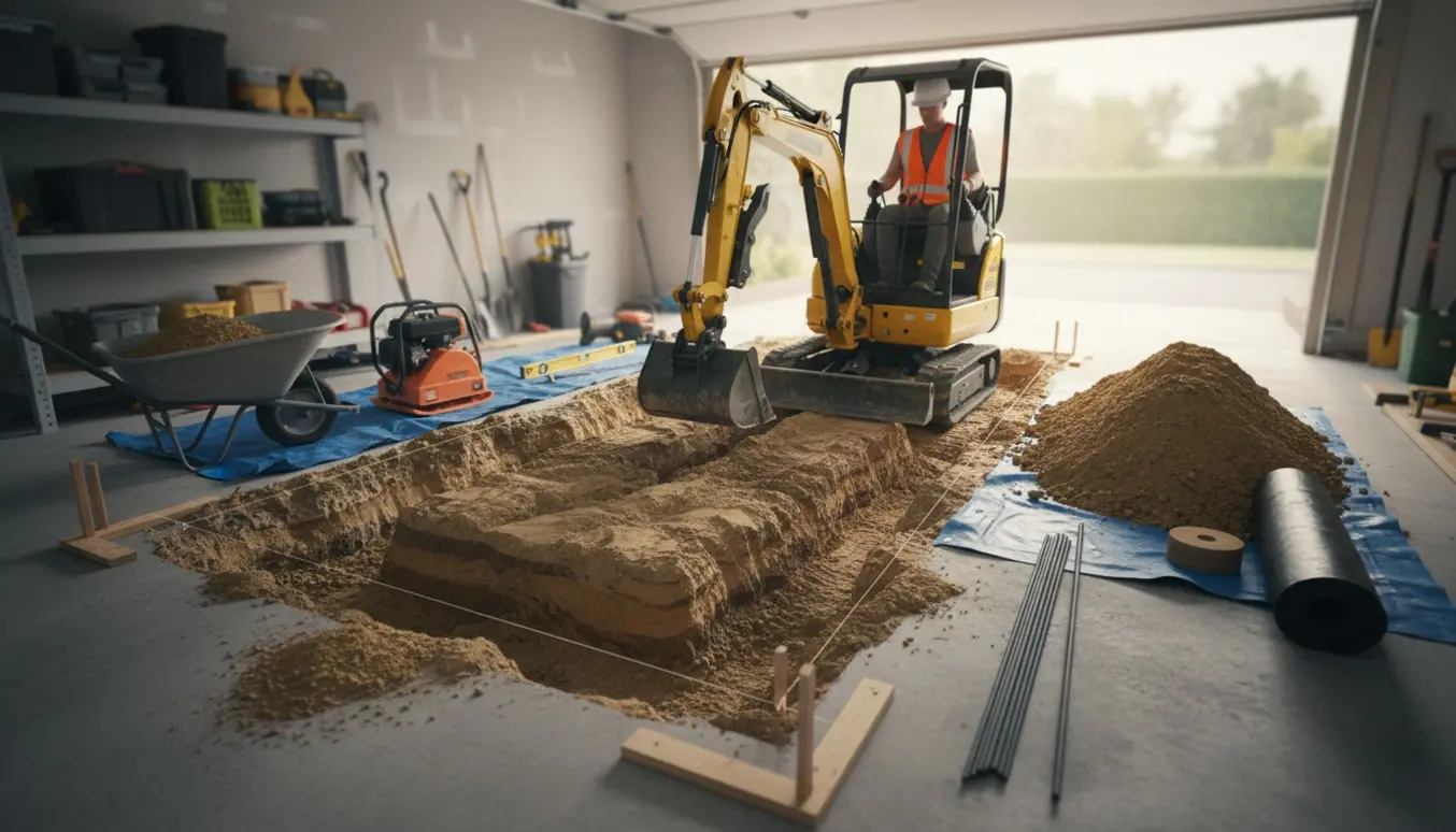Udgravning til fundament i en garage med minigraver, Z-formet randfundament, jordbunker og værktøj.