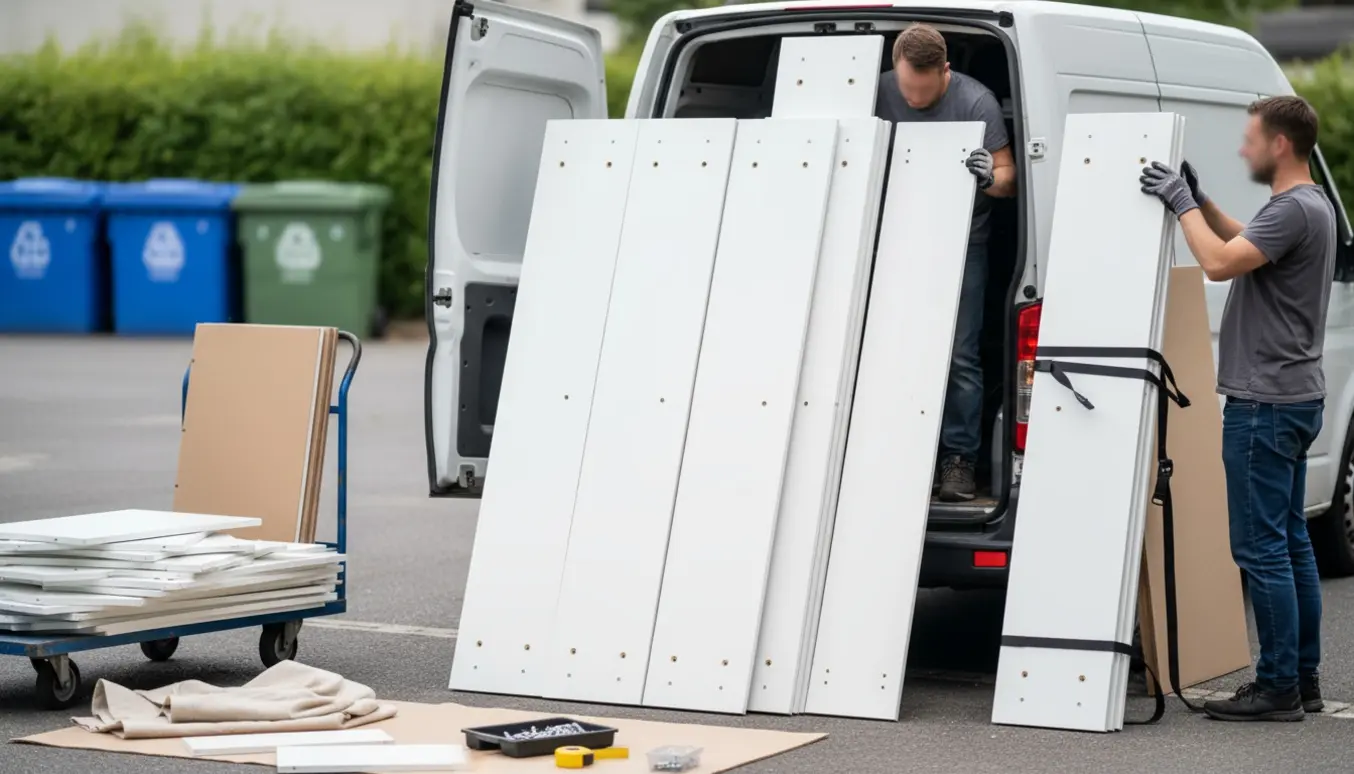 Afmonterede Ikea PAX-plader læsses i en varevogn ved en genbrugsplads, hjælpere set bagfra.