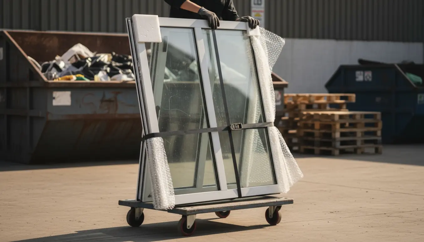 To glassdøre på en flyttedolly ved en genbrugsplads, klar til bortskaffelse.