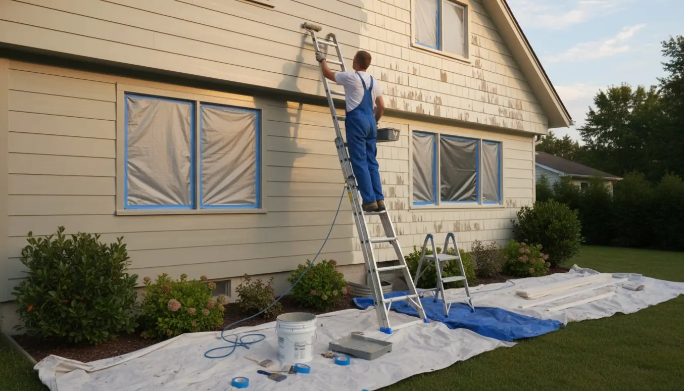 En maler ruller frisk maling på husfacaden med stige, malerbøtte og afdækningsmaterialer.